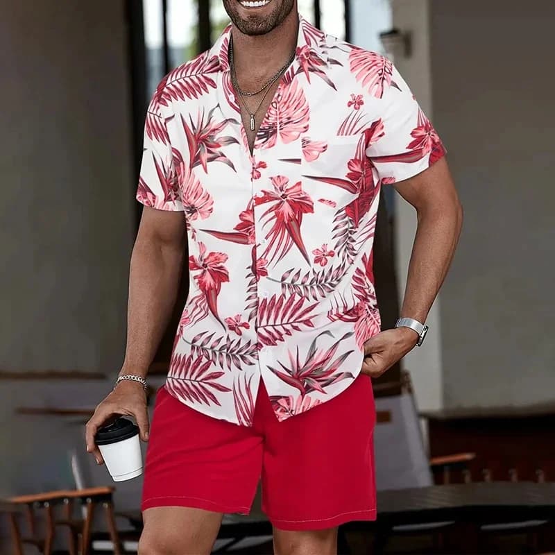 Men's Hawaiian Short Sleeve Shirt and Sports Shorts Stylish Outdoor Beach Men's Casual Shirt Summer Comfort Men's Pool Shorts