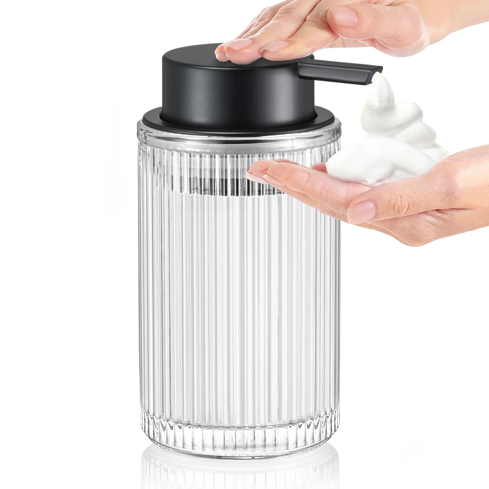 Dispenser di sapone schiumogeno in vetro trasparente a coste — Testa della pompa nera opaca — Decorazione moderna per il piano di lavoro di bagno e cucina