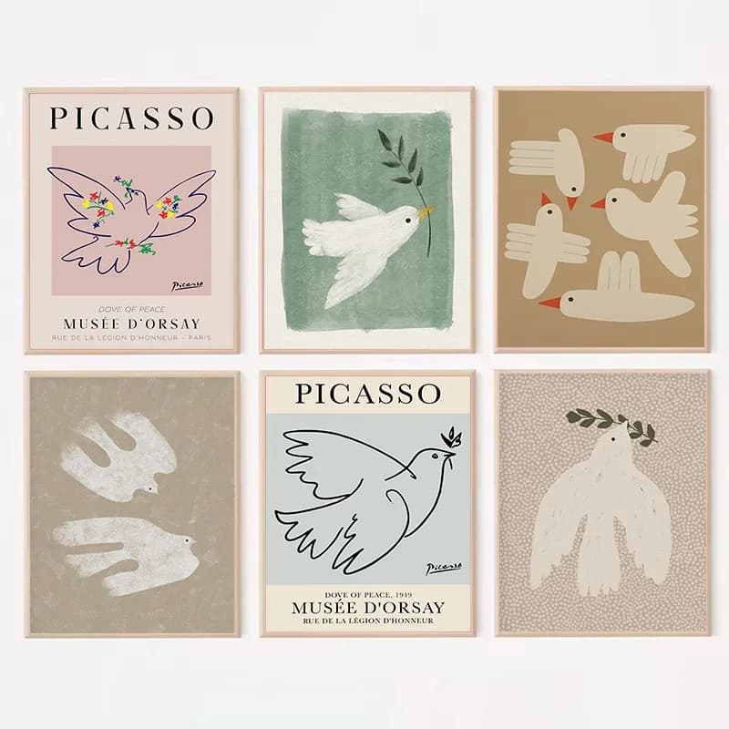 Minimalist Picasso Dove Peace Symbol and Olive Branch Animal Nursery Poster Canvas Painting Wall Art Picture Home Interior Decor