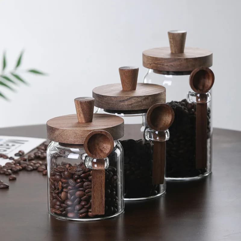 Food Storage Containers Grains Container Glass Sealed Jar with Wooden Lid Spoon Coffee Jar Kitchen Moisture-proof Storage can