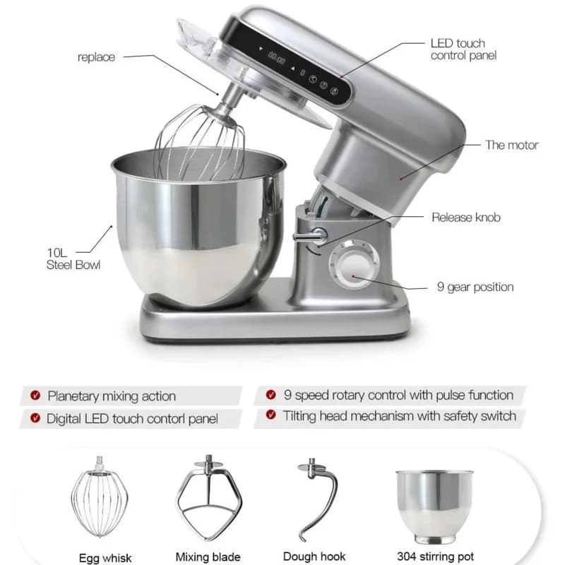 10L Custom Planetary Electric Blender for Home and Commercial Kitchen with Touch Control and Plastic Structure for Hangers and Sweets