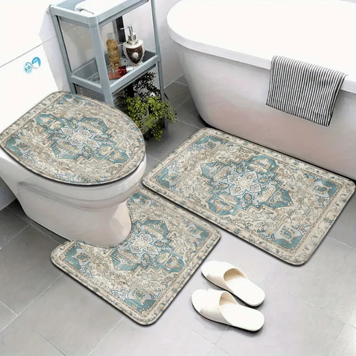 3-piece Persian series cyan floral pattern bathroom mat set toilet seat U-shaped foot mat suitable for bathroom decoration