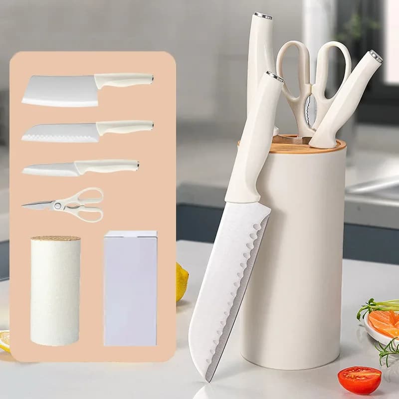 Coltelli da cucina Set con supporto Forbici Taglio carne Pesce Frutta Coltello da bistecca Manico in plastica Affilato Chef Cuoco Mannaia Coltello Set da 5 pezzi