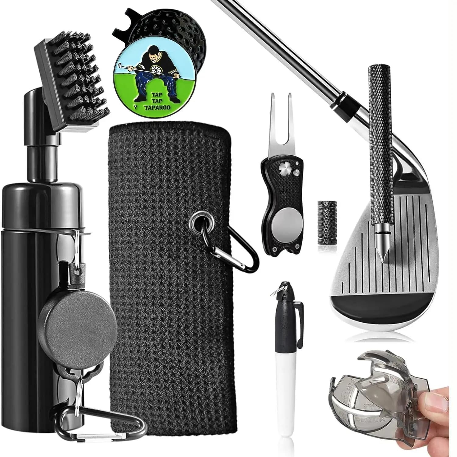 Kit per la pulizia delle mazze da golf con detergente per mazze da golf con acqua Asciugamano da golf Strumento di riparazione Divot Kit di allineamento delle palline da golf per affilare le scanalature