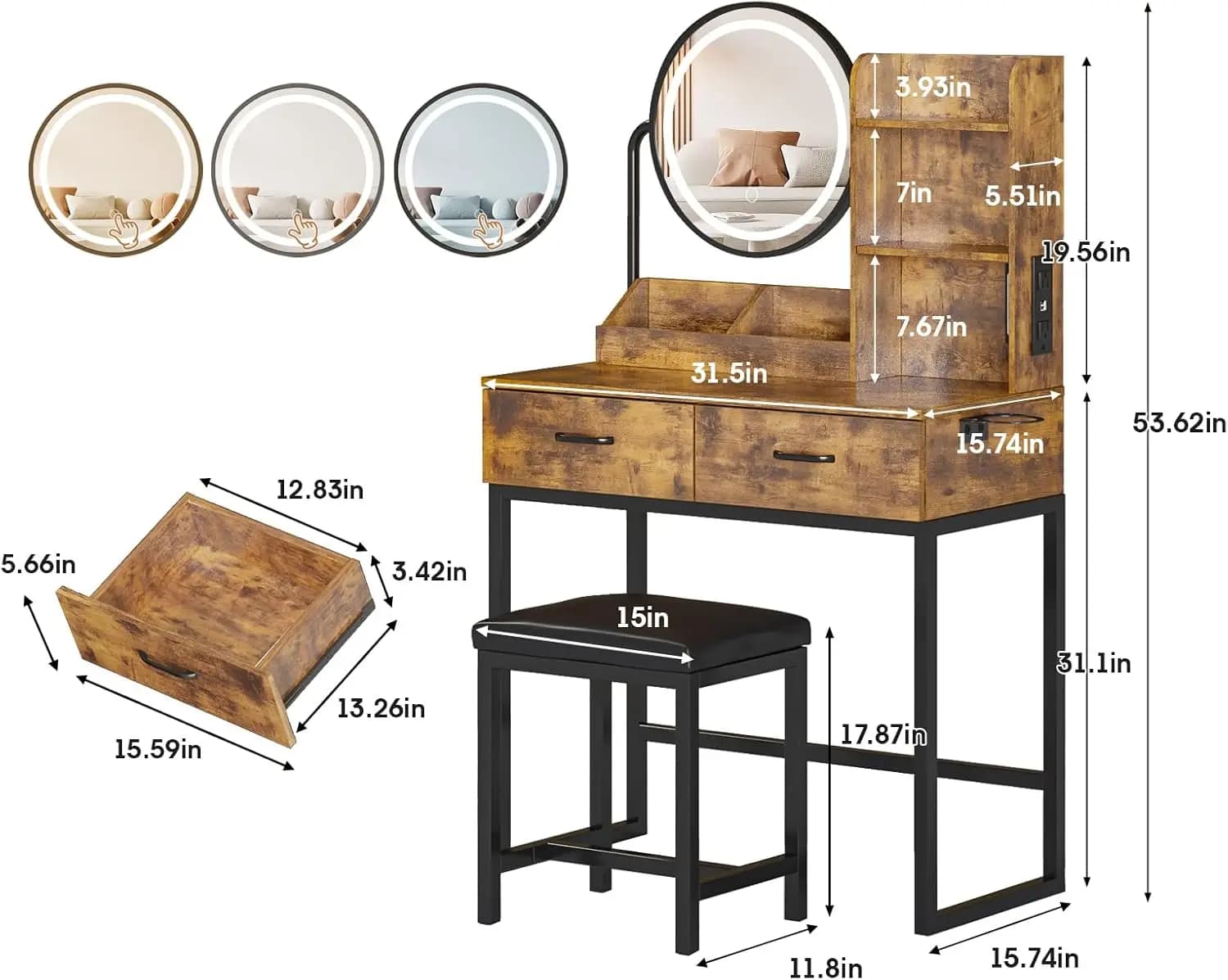 Tavolo da toeletta con luci a specchio rotonde con 2 cassetti portaoggetti e gambe in metallo Tavolino da trucco con sgabello per camera da letto