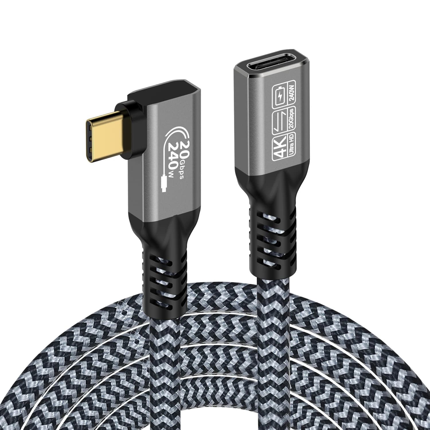 Thunderbolt 3 USB 3.2 Gen 2 Extension USB C 20Gbps 240W Quick Charge 90 Degree Male to Female Cable 4K Vidio Type-C Cable