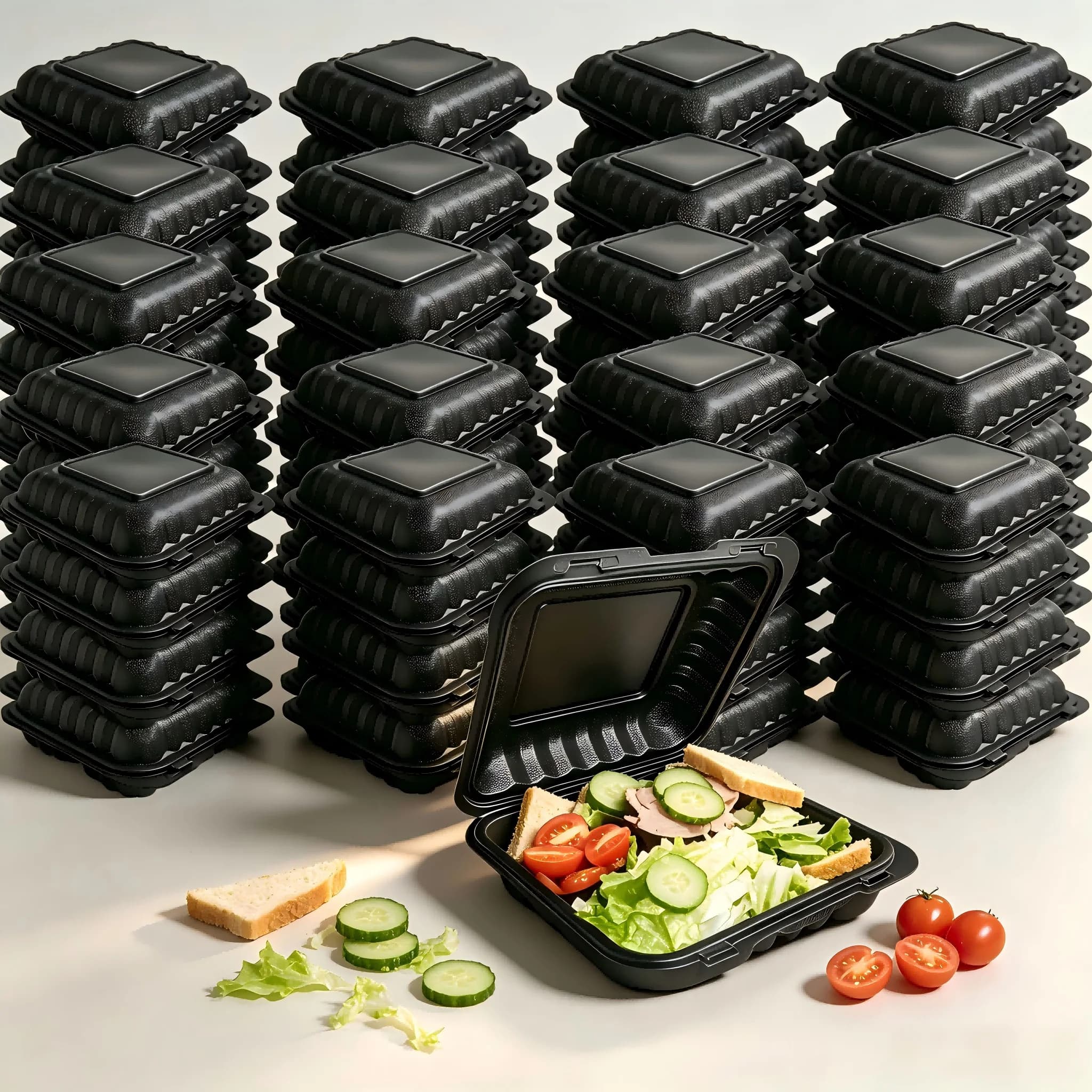 50-Piece Set Durable Heavy-Duty Black PP Material 3-Compartment Reusable Meal Prep Container, Microwave and Freeze Safe Washable Food Divider Box, Leak-Proof Lunch Storage Container, Perfect for Catering, Office, and Home Daily Takeout Use