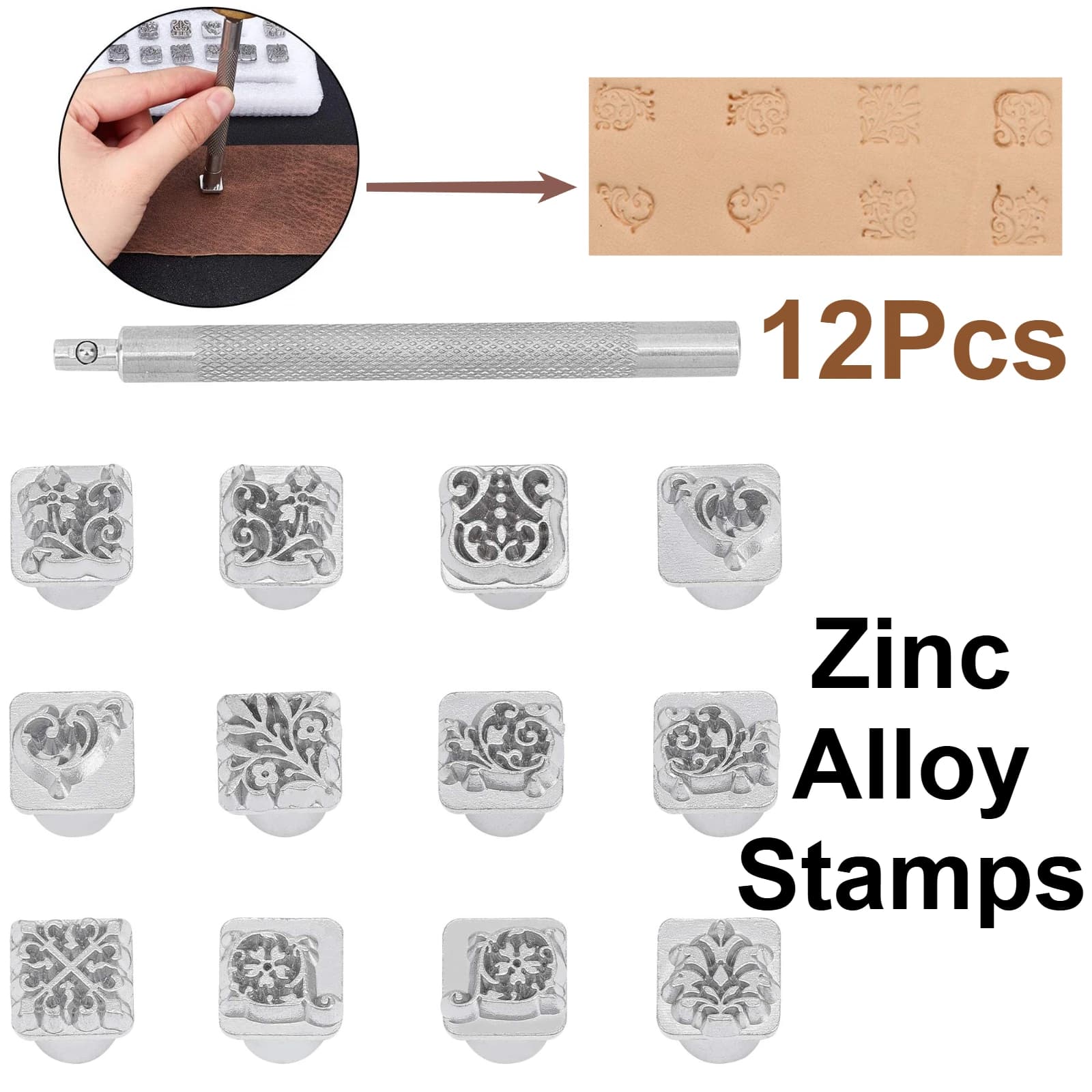 12pcs 10mm Zinc Alloy Leathercraft Metal Flower Pattern Stamps Punch Set Tool with 1pc Handle for Leather Craft DIY Marking