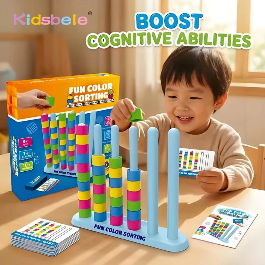 Color Stack Sorting Puzzle Game Kids Educational Logic Toy Speed Challenge Interactive Board Game with 50 Cards for Family Party