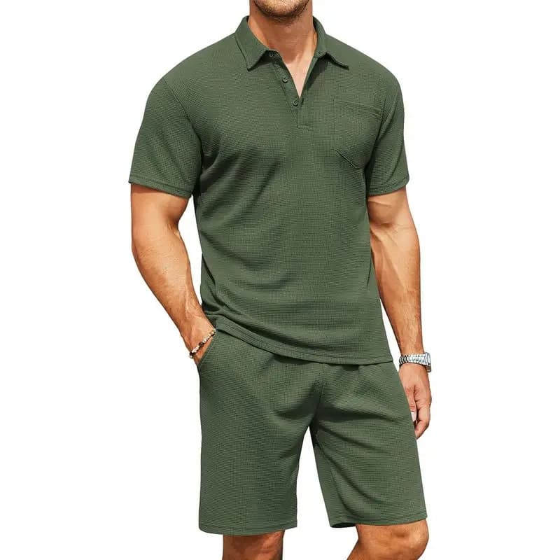 Men's Slim Fit Two Pieces American European Style 2026: Court sleeve pole with collar and shorts Decorated with pockets