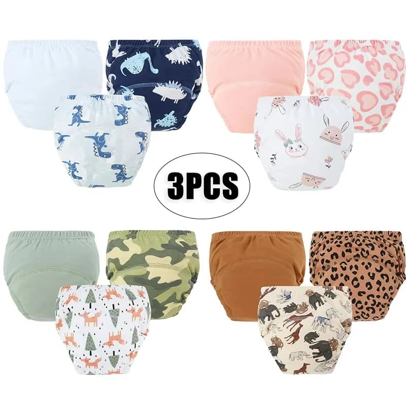 Set di pantaloni per pannolini per bambini Pantaloni da allenamento stampati a fumetti per ragazzi e ragazze Intimo per bambini riutilizzabile in cotone traspirante 3 pezzi