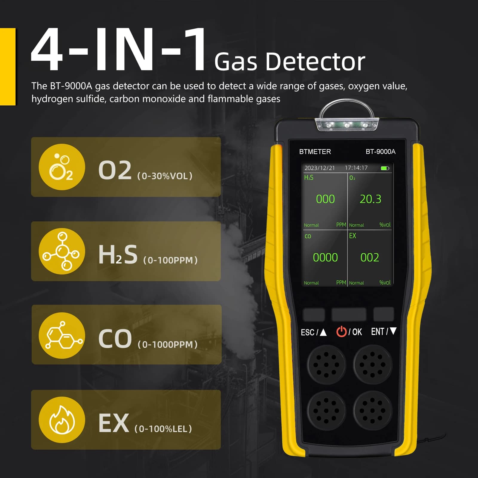 Rilevatore multigas portatile, per ossigeno, solfuro di idrogeno, monossido di carbonio e gas combustibili, strumento per apparecchiature di sicurezza industriale