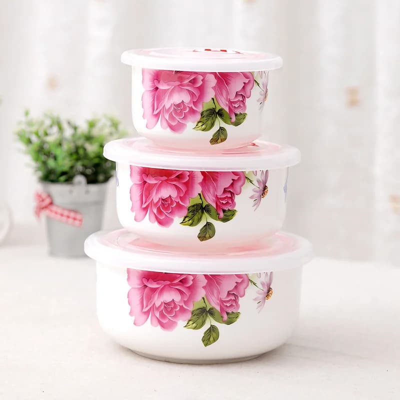 Set di tre pezzi, pittura a fiori di rosa rosa, scatola termica per il pranzo in porcellana bone china, scatola per il pranzo a microonde, contenitore per thermos per bambini