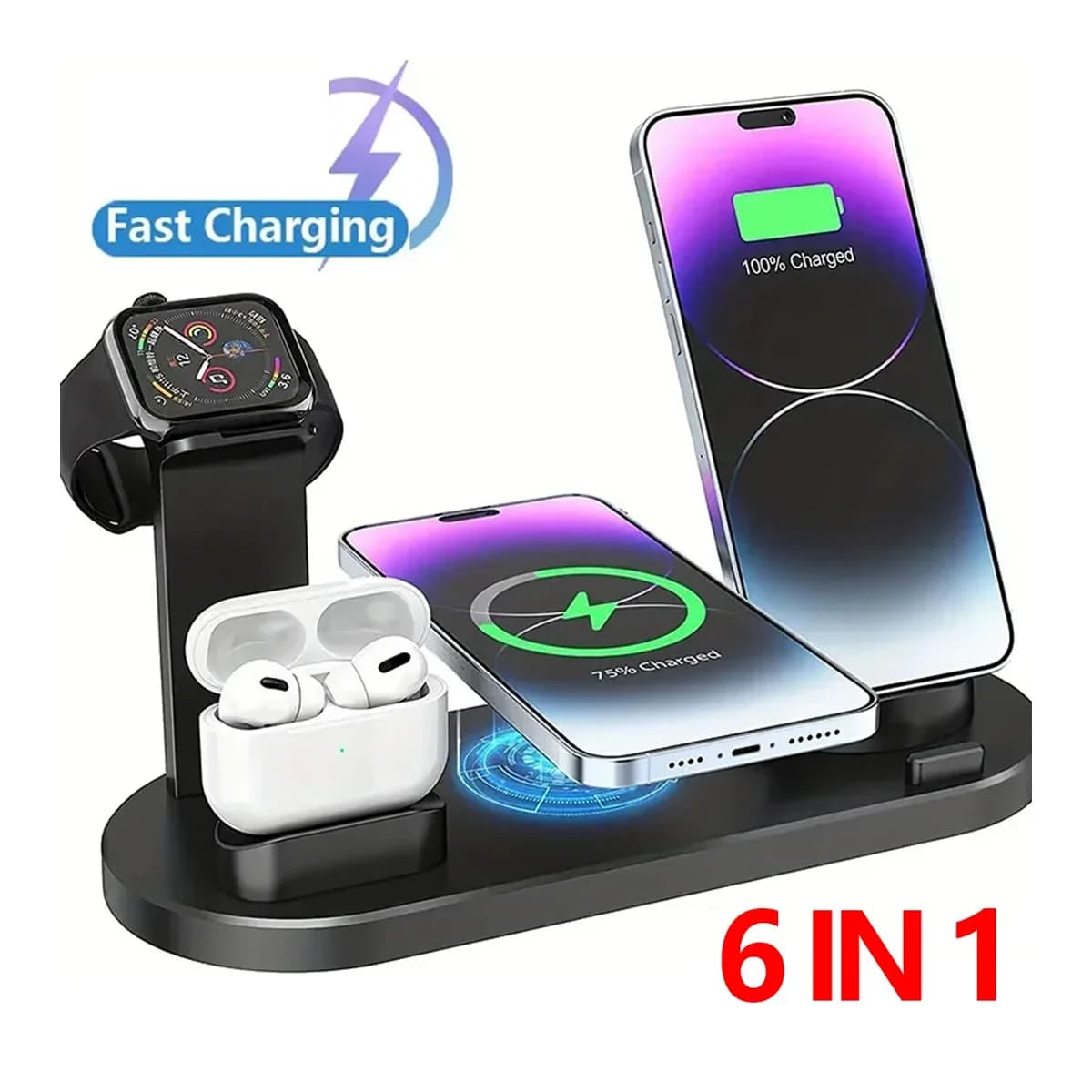 Caricatore Wireless 6 in 1 da 15W per Apple iPhone 17-11 X, Apple Watch, Airpods, Stazione di Ricarica Rapida per Android Samsung