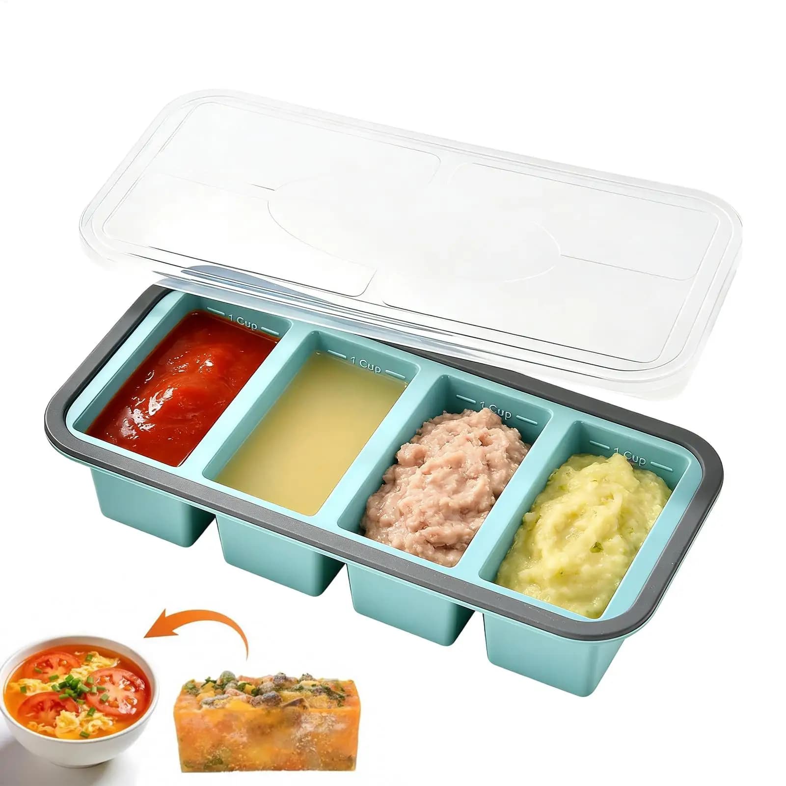 Stampi in silicone per congelatore con coperchi, contenitori per alimenti a facile rilascio per zuppe e salse, vassoio dosatore senza BPA per la preparazione dei pasti