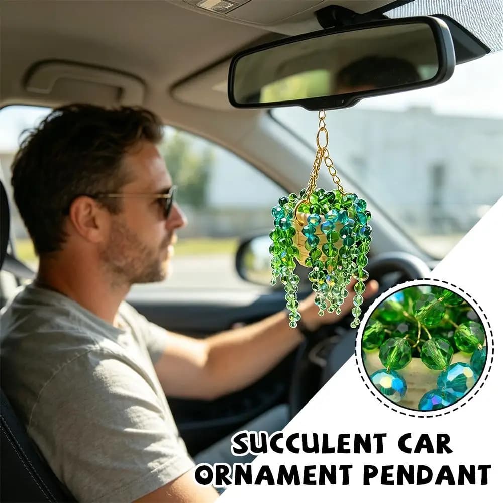 Sun-Kissed Beaded Succulent Car Charm Rearview Mirror Hanging Ornament Crystal Suncatcher Interior Decoration Gift