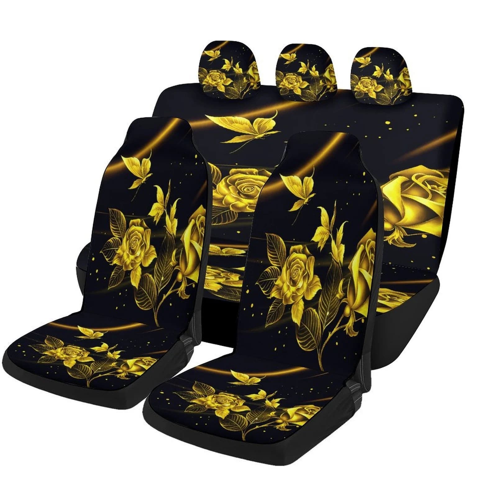 Set Of Car Seat Covers Featuring A Golden Roses Theme, Suitable For A Variety Of Vehicles. These Stylish And High-Quality Covers
