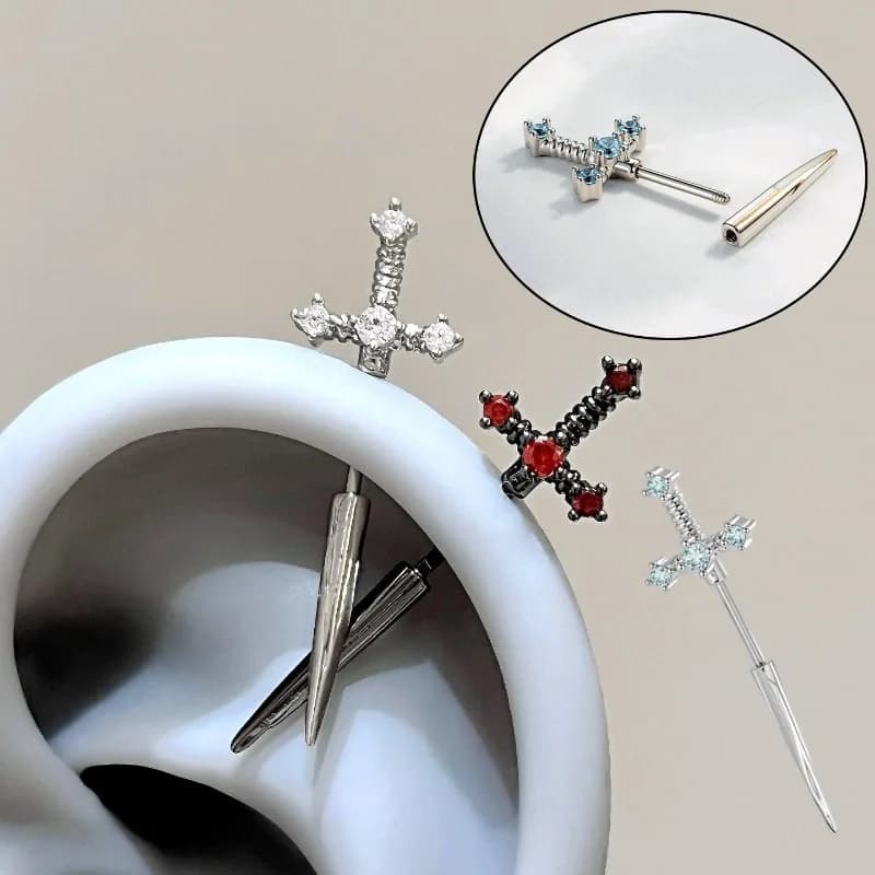 1Pc Red Sword 316L Stainless Steel Ear Bone Nail for Women Fashion Rhinestone Earrings Accessories Jewelry Gift Stud Earring