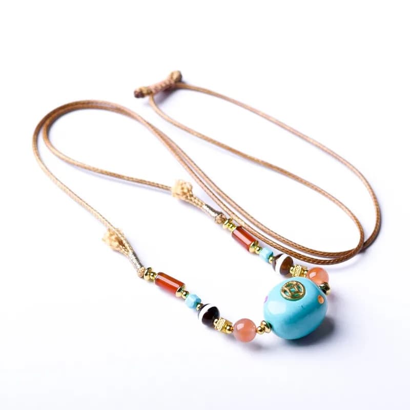 Collana Artigianale in Magnesite e Turchese con Ciondolo a Moneta e Agata Rossa del Sud, Nuovo Stile Cinese, con Cordino, Regalo