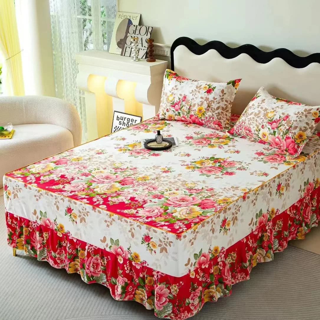 Colcha De Cama Queen Plant Cotton Bed skirt Printed skirt Single/Queen/King Size with 2 pillow covers