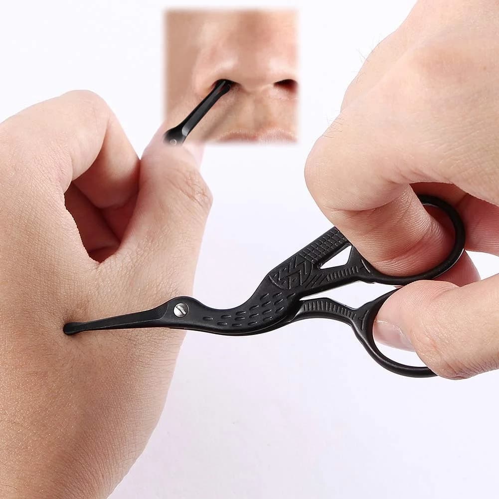Round Head Safety Stainless Steel Beauty Scissors Black, Stork Design Facial Hair Trimmer for Nose, Ear, Eyebrow and Beard, Professional Grooming Scissors for Adults