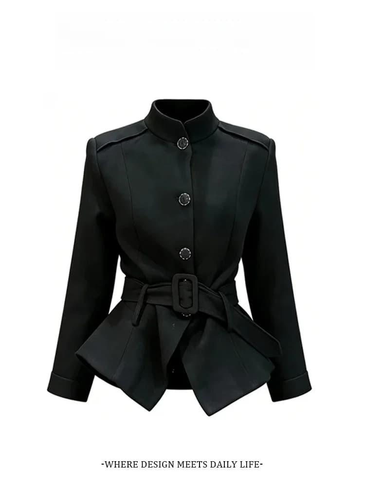 Giacca Corta da Donna Stile Hebe con Colletto Rialzato, Cintura in Vita, Bottoni e Orlo Plissettato per Primavera e Autunno, Abbigliamento Casual