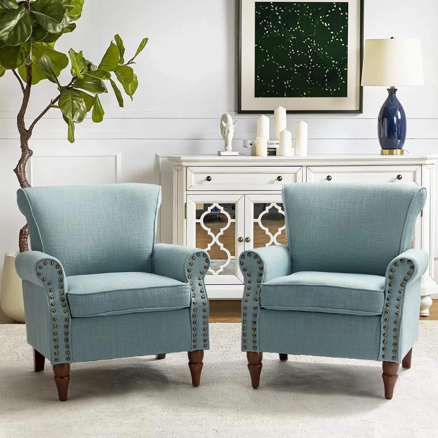 Poltrona Accent con Gambe in Legno e Cuscino Rimovibile, Poltrona Moderna Wingback con Finitura Borchiata, Imbottita e Confortevole, Personalizzabile