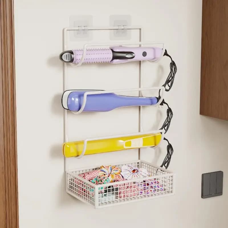 Wall Mounted Iron Hair Dryer Holder No Punch Storage Rack for Curling Iron Bathroom Organizer