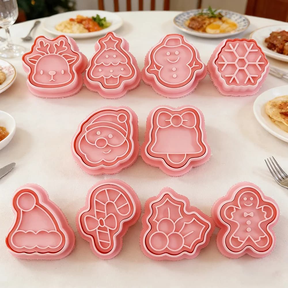8Pcs Xmas Cookie Cutter Set Santa Snowman Tree Elk Biscuit Mold Fondant Stamp Baking Tools for Holiday Party Decor Kit