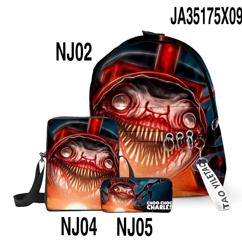 Classic Novelty Choo-Choo Charles 3D Print 3pcs/Set pupil School Bags Laptop Daypack Backpack Inclined shoulder bag Pencil Case