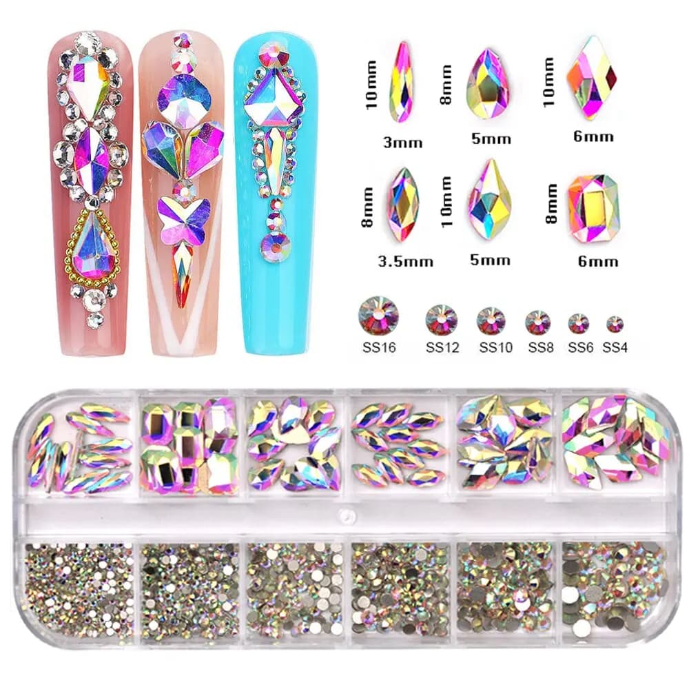 12 Griglie di Cristallo AB Pendenti per Unghie Strass Flatback Mix Forme 3D Glitter Decorazioni per Nail Art Diamante per Manicure