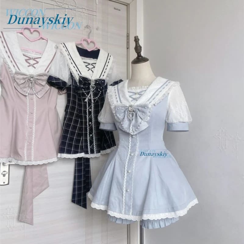 Sailor Collar Dress Set Lace Bow Short Sleeve Jirai Kei Original Japanese Sweet Lolita Mini Skirt Suit Summer Daily Cute Color