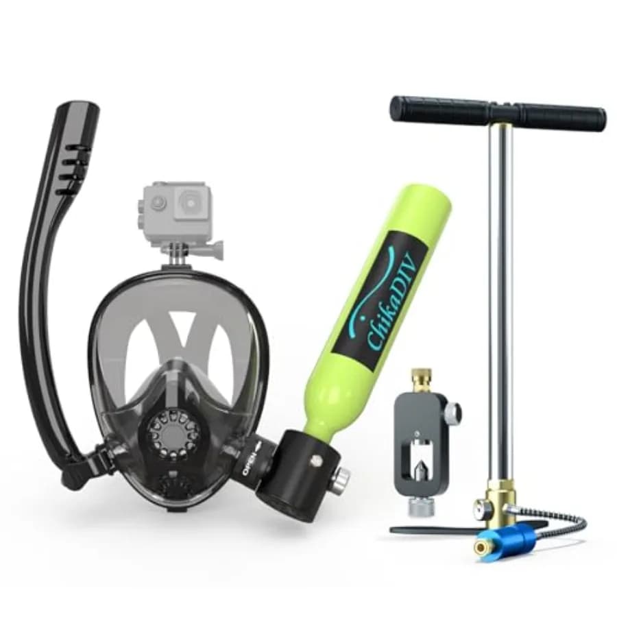 Mini bombola per snorkeling con maschera subacquea: sistema di respirazione subacquea compatto nero con bombola in alluminio da 0,5 litri certificata DOT.