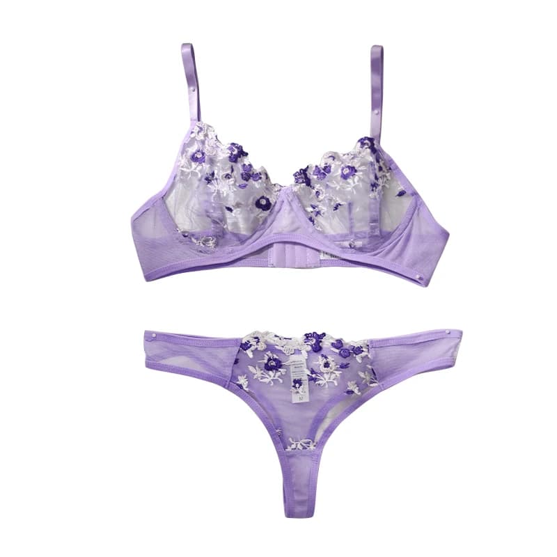 Set di lingerie viola con ricami, reggiseno e slip, abbigliamento da notte erotico elegante, bellissimi intimo.