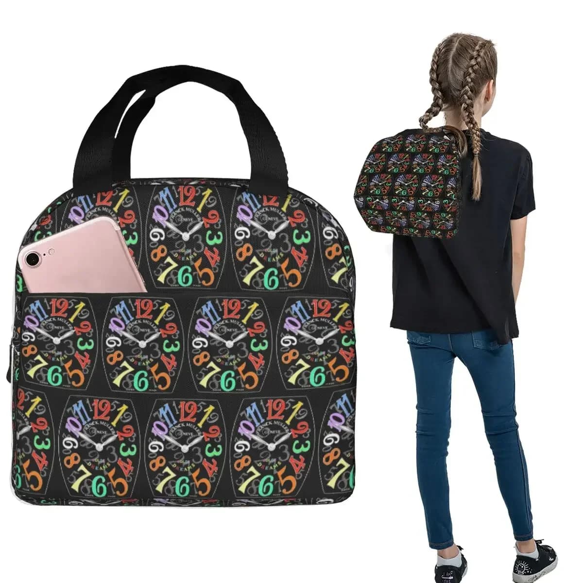 Franck Muller Color Dreams Hand Drawn Watch Face Insulated Lunch Bag for Women Kids Portable Food Boxes Thermal Lunch Box Tote