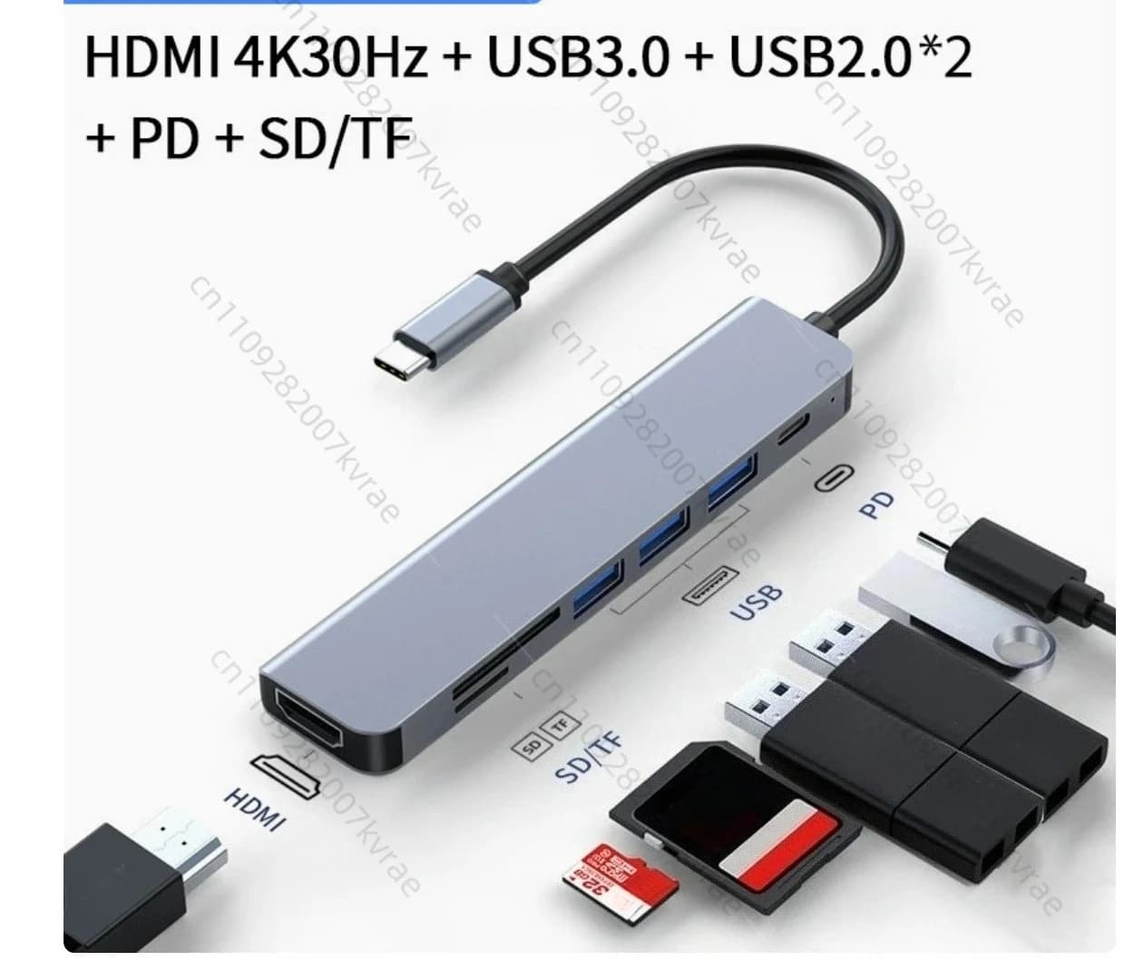 Docking station multi-funzione 7-in-1 con 4 porte USB-C per proiezione schermo HDMI 4K, compatibile con cellulari, tablet e notebook.