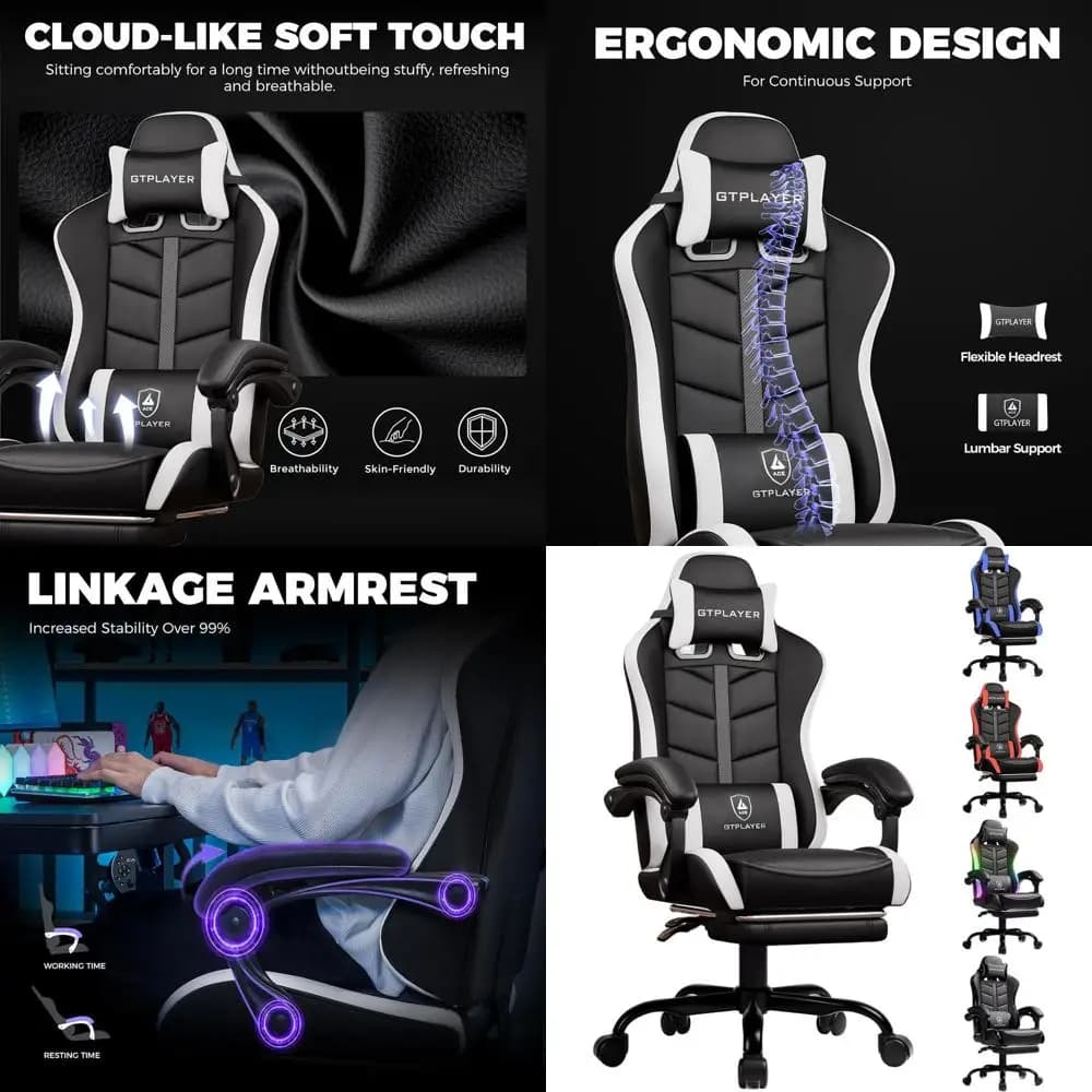 Sedia da Gaming Ergonomica per Adulti con Poggiapiedi, Altezza Regolabile e Inclinazione 90-155° ° Recline, Nero-Bianco