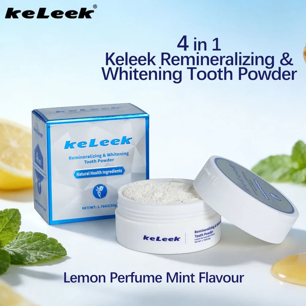 Whitening powder for teeth that illuminates teeth with brushing, protects gums, cleans teeth, refreshes breath, delicate, healthy, natural, keleek.