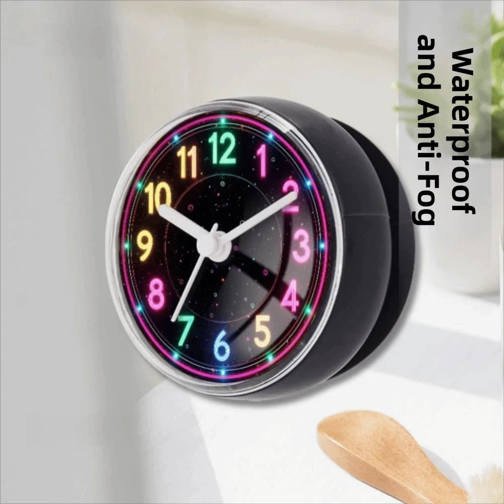 Ergonomic Wall Clock Easy to Read with Traction Corda, Waterproof Bath Watch with Anti-fog Suction Cup, Cyberpunk Quartz Clock for Kitchen