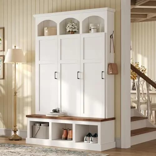 White Farmhouse Hall Tree Featuring Arched Top Shelves, Three Concealed Cabinets, Five Wall Hooks, And Open Shoe Cubbies For