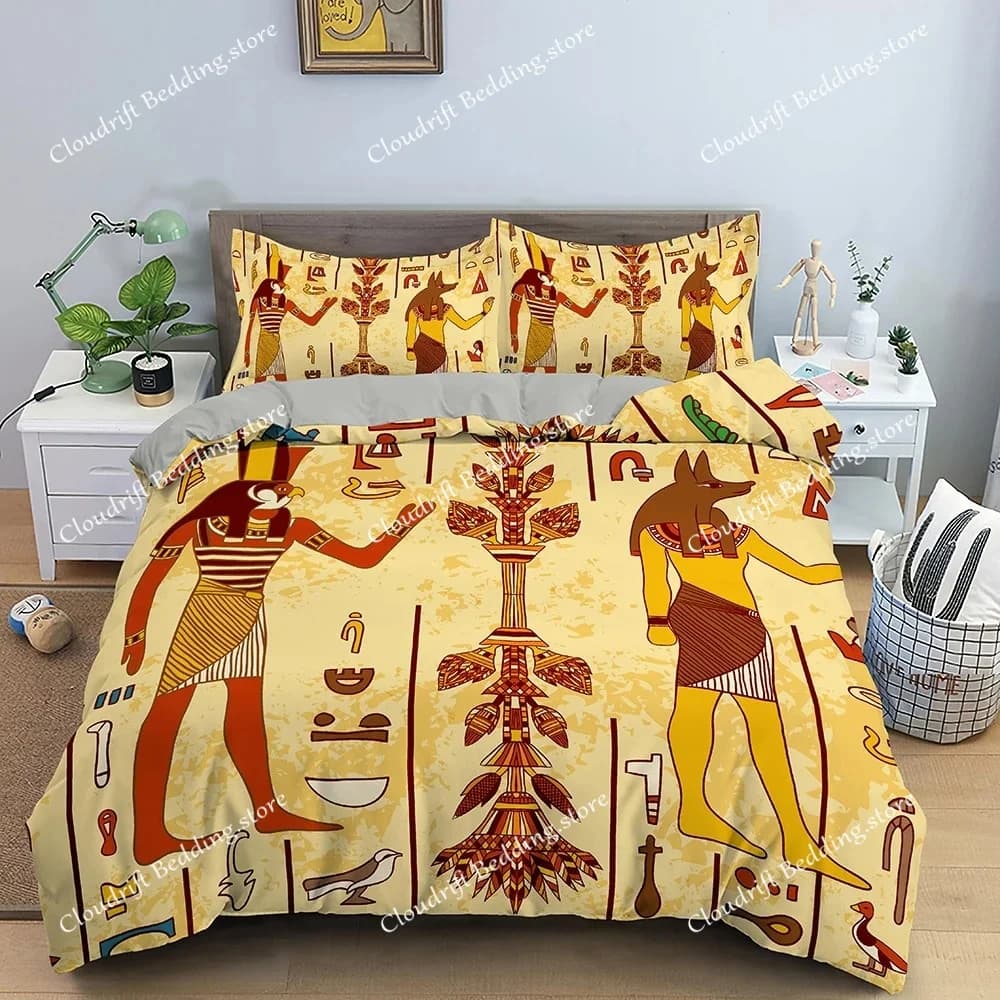 Egypt Comforter Cover Ancient Egyptian Script Duvet Cover Set For Kids Boys Pharaoh Pyramid Bedding Set Egypt Tribal Quilt Cover