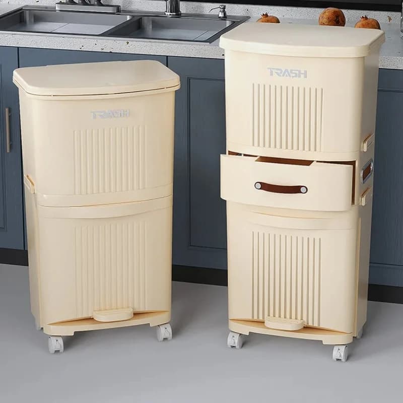 Design sottile salvaspazio e pattumiera da cucina per il controllo degli odori con coperchio - Cestino per rifiuti alto a doppio contenitore per la separazione asciutta e bagnata,