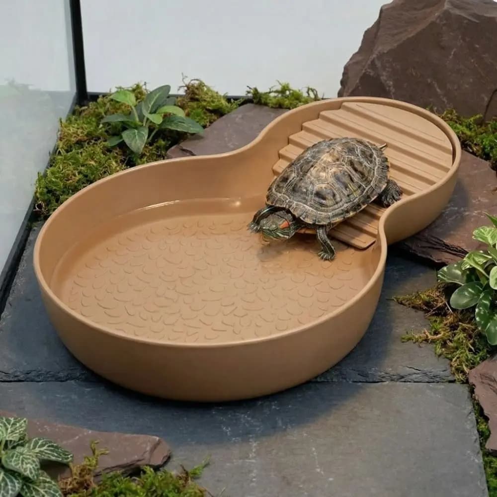 Piscina per rettili a bocca larga con rampa, ciotola antiscivolo per tartarughe, evita i rovesciamenti, mangiatoia in plastica per animali domestici, decorazione per habitat