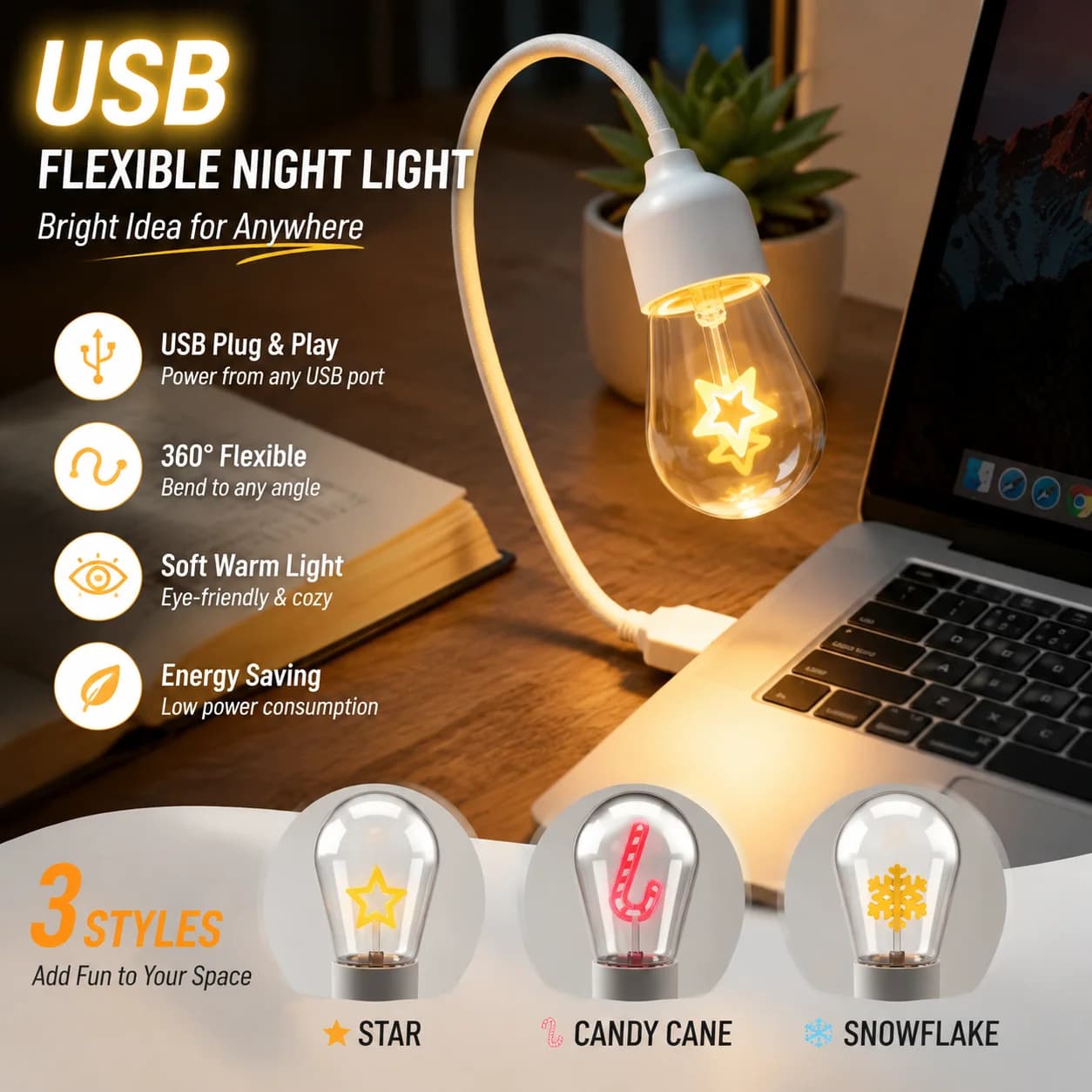 USB Flexible Gooseneck Night Light Desk Lamp Warm Eye Care Reading Light Portable Dorm Bedroom Decor Mini Book Light