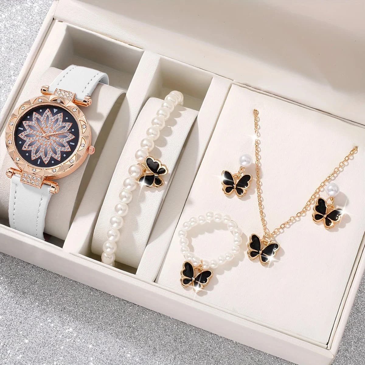 Fashionable and lightweight luxury diamond set, floral dial, leather strap, women's quartz watch, butterfly jewelry, 6-piece Thanksgiving set
