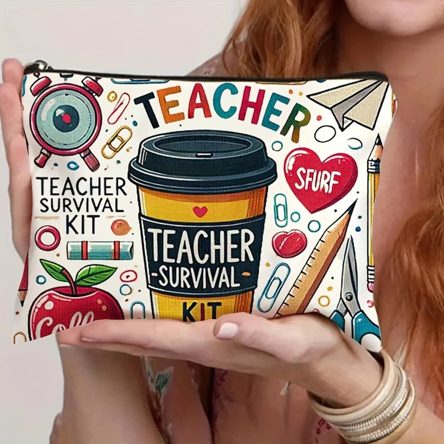 Borsa da viaggio per cosmetici a tema insegnante - Astuccio pieghevole leggero con cerniera vivace, borsa portaoggetti, astuccio per matite e prodotti di bellezza