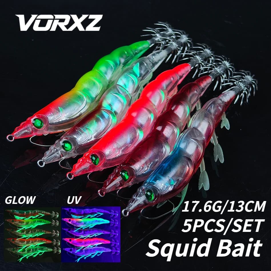 Set di 5 Esche per Calamari 17.6G/13CM, Luminose UV, con Amo Affilato, Esca per Acqua Salata per la Pesca di Calamari, Seppie e Polpi