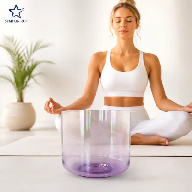 STAR LIN KUP 8 Inch Cosmic Purple Crystal Singing Bowl Straight Wall Flat Bottom 432Hz Sound Therapy Meditation Chakra
