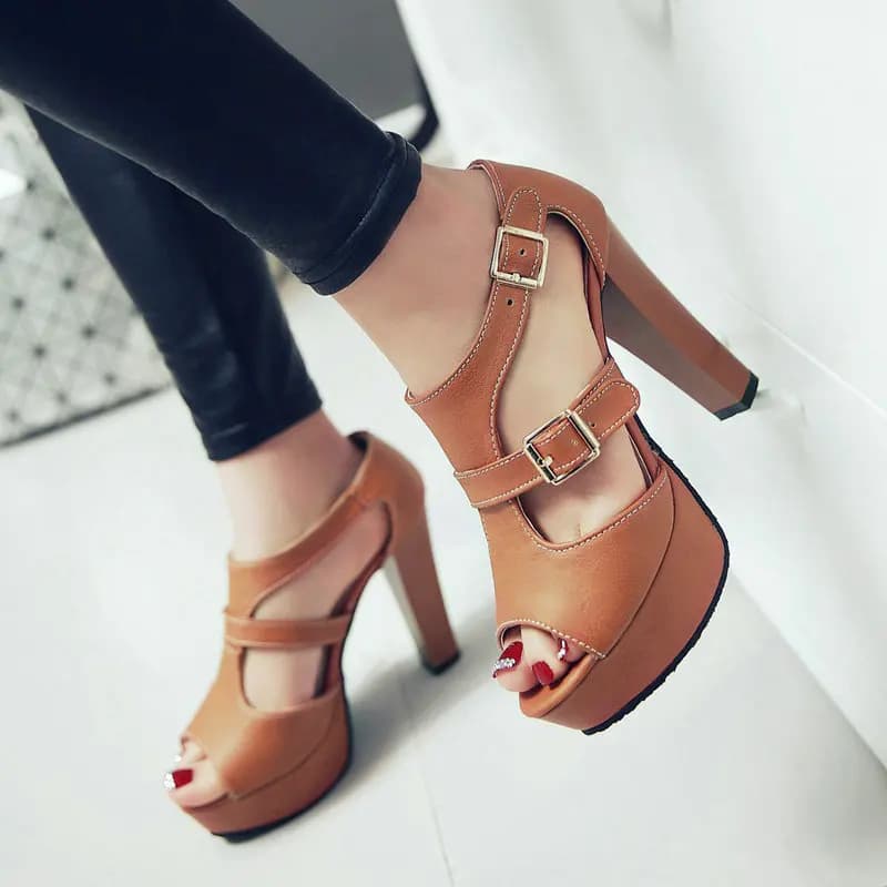 Sandali Estivi Sexy da Donna con Punta Aperta, Tacco Alto e Plateau, Cinturino con Fibbia, Colore Marrone Beige