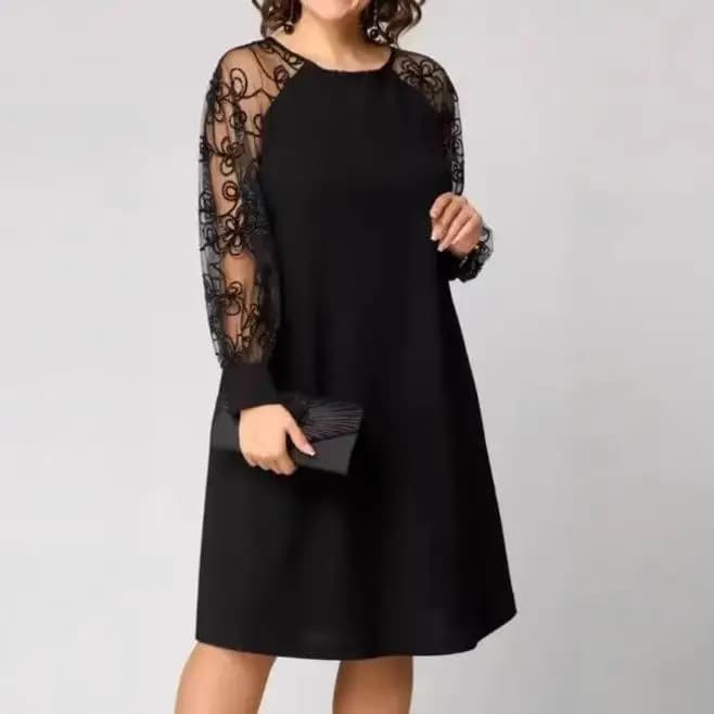 Fashionable Splice Lace Long Sleeve round Neck Dress Commute Style mid Waist A-Line Skirt Single Piece Winter Collection